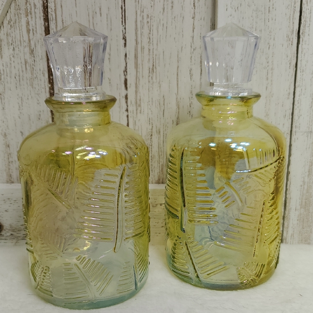Elegant Yellow Iridescent Textured Glass Bottles with Stoppers Bud Vases